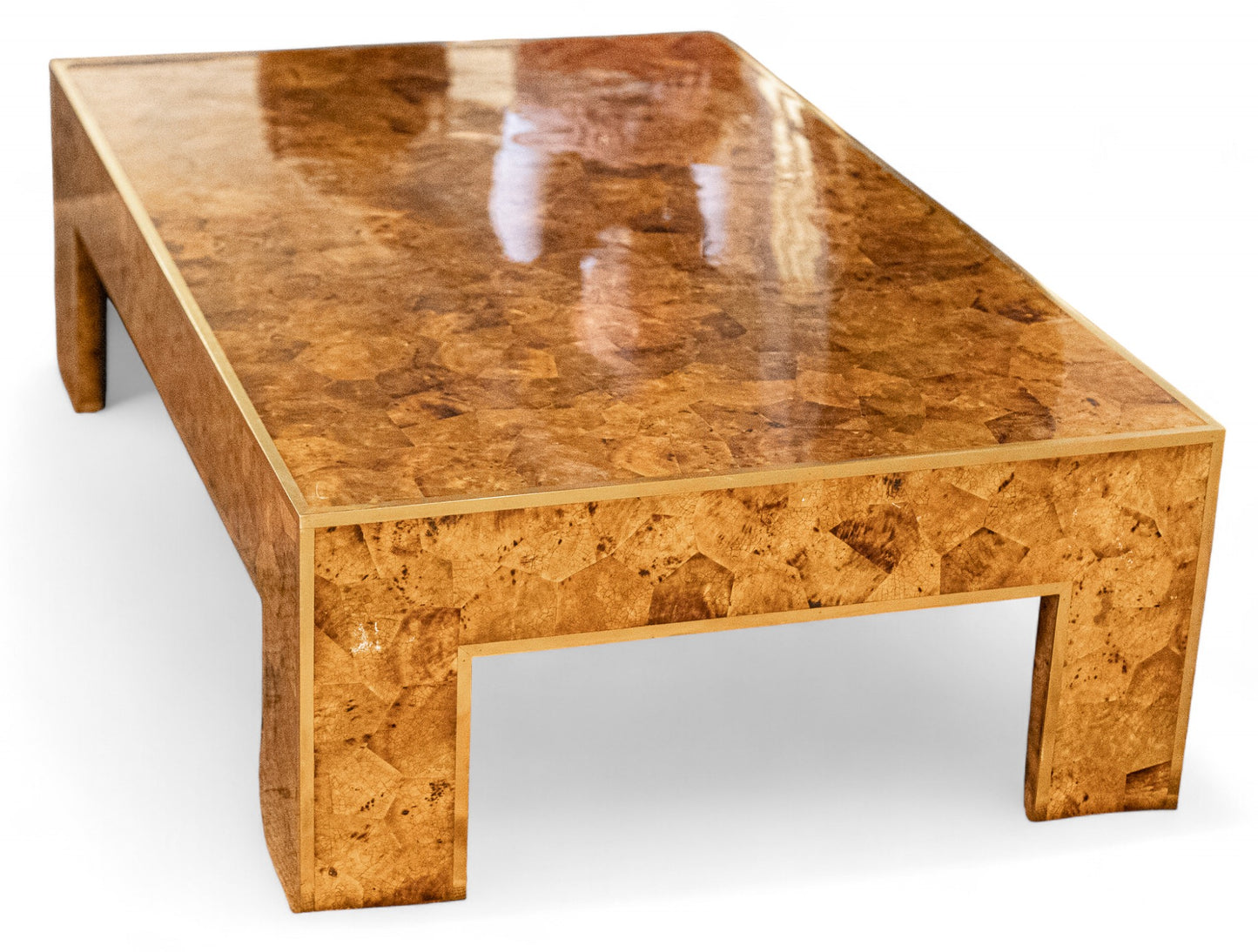 Modern History Low Style Parisian Coffee Table in Burl Wood and Brass Trim