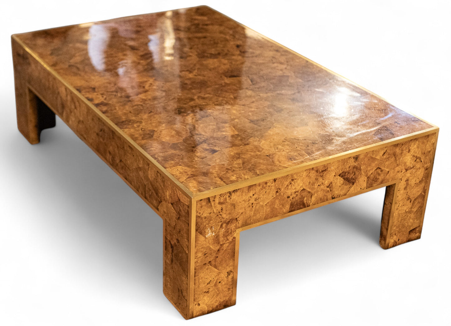 Modern History Low Style Parisian Coffee Table in Burl Wood and Brass Trim