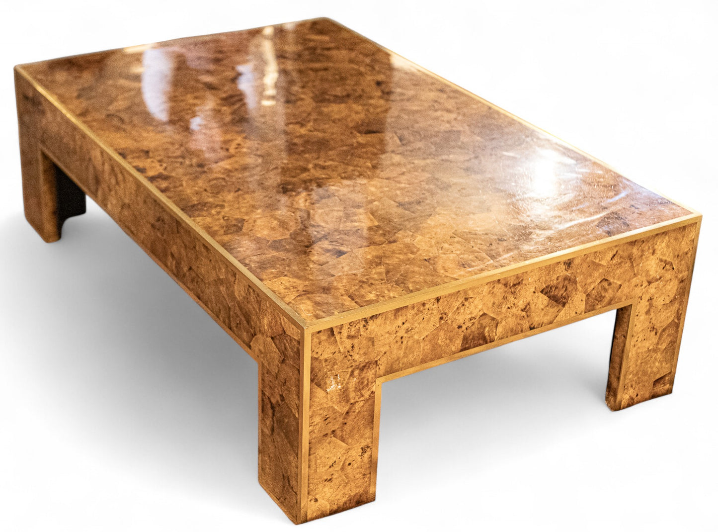 Modern History Low Style Parisian Coffee Table in Burl Wood and Brass Trim