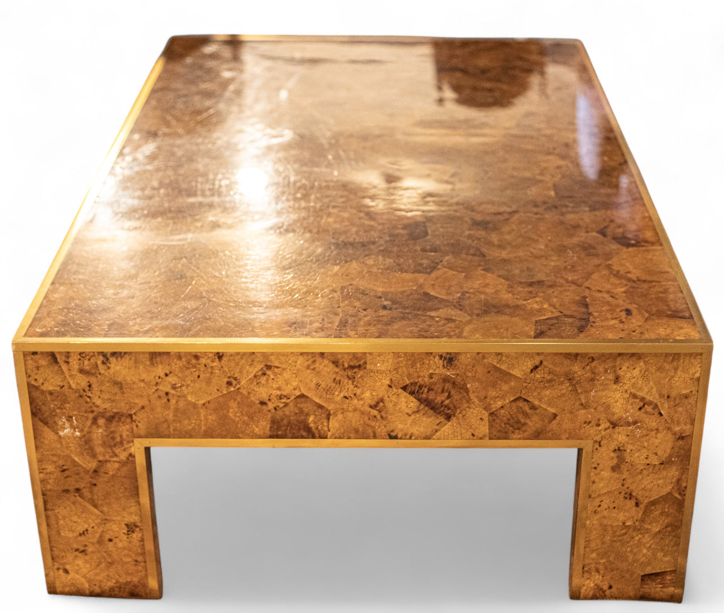 Modern History Low Style Parisian Coffee Table in Burl Wood and Brass Trim
