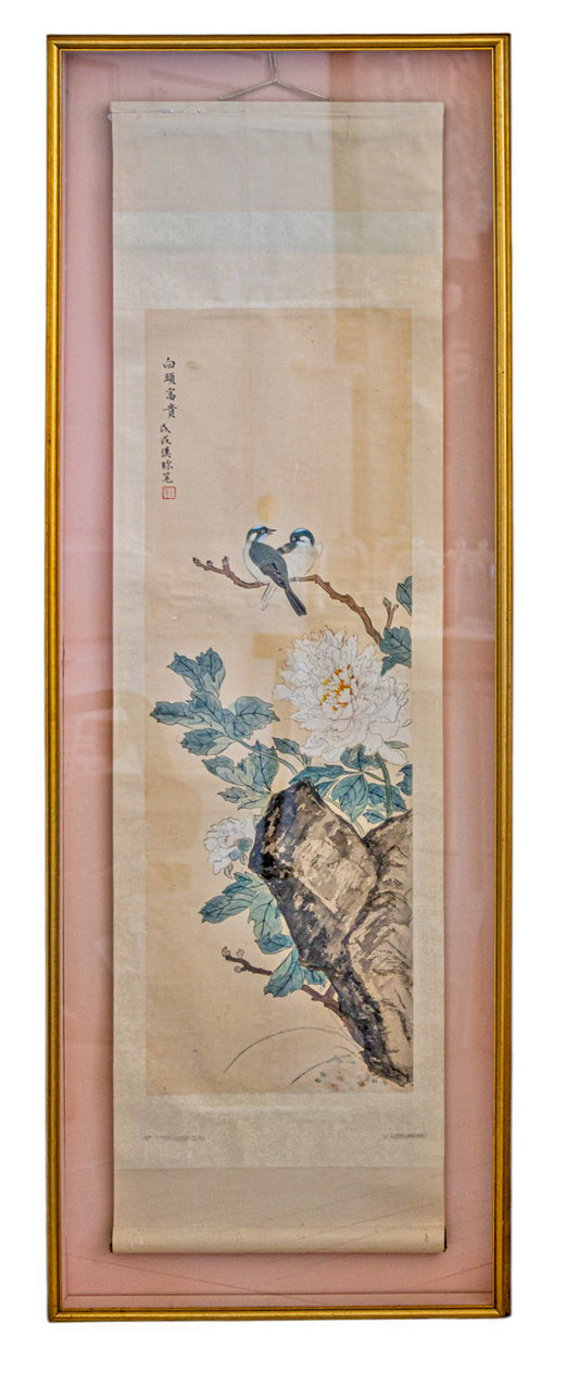 Asian Handpainted Scroll in a Velvet Lined Shadow Box