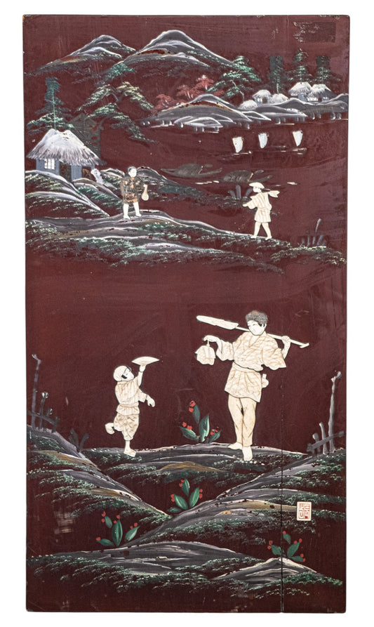 Asian Wood Relief with Ivory Motifs