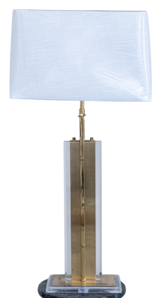 Pair of Mid Century Modern Brass and Acrylic Lamps with White Lampshades