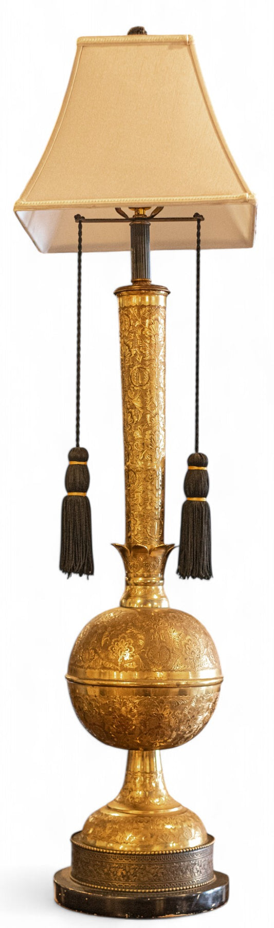 Pair of Antique Brass Indonesian Lamps with Silk Tassles