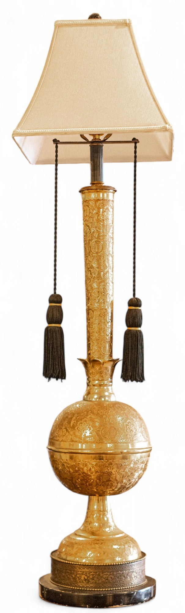 Pair of Antique Brass Indonesian Lamps with Silk Tassles