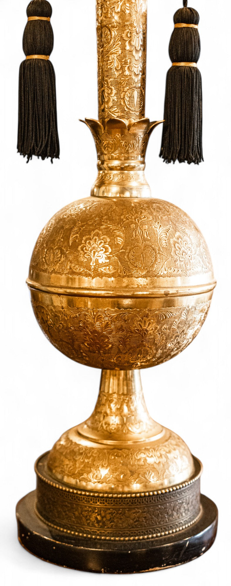 Pair of Antique Brass Indonesian Lamps with Silk Tassles