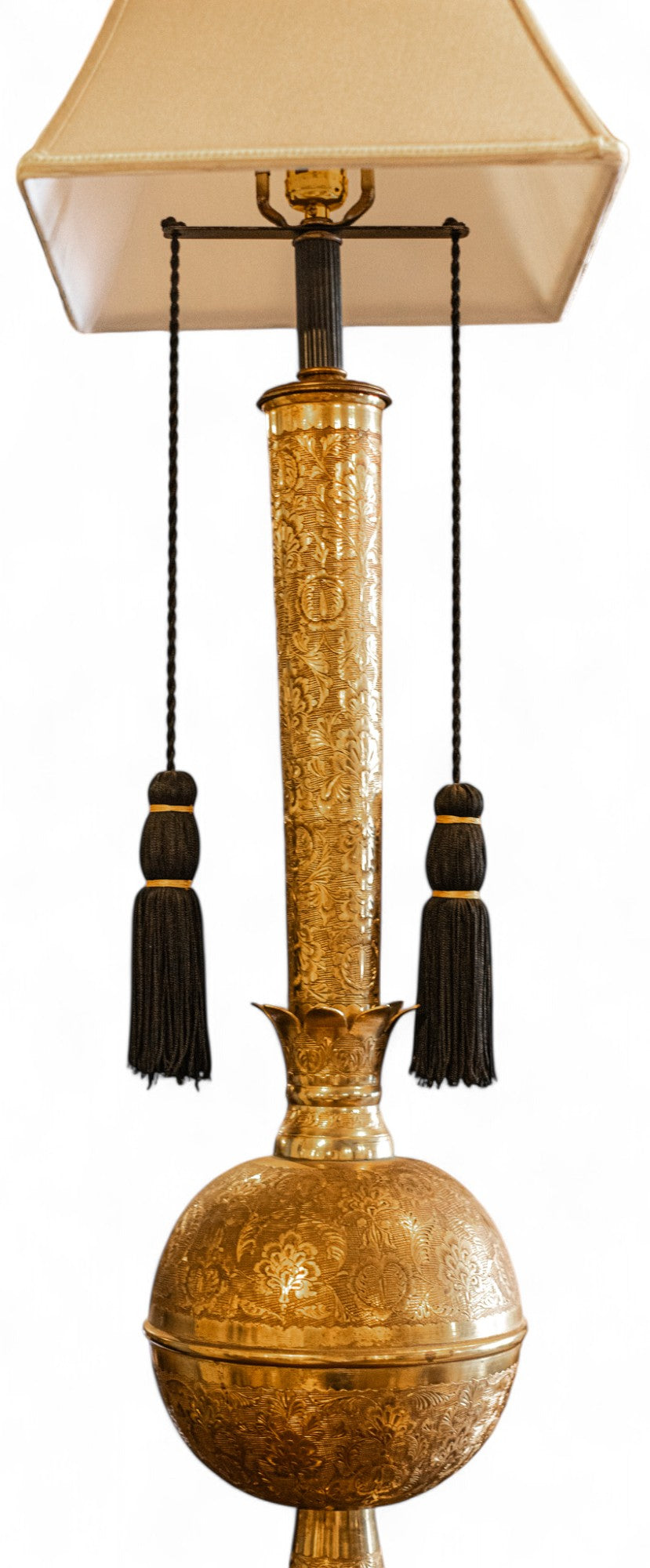 Pair of Antique Brass Indonesian Lamps with Silk Tassles