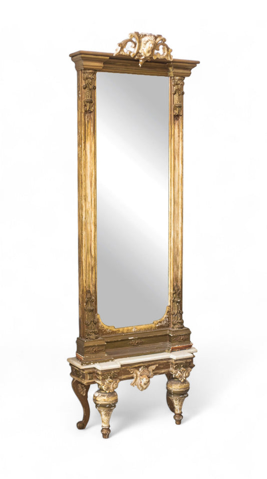 Antique Italian Hall Mirror Gilded Frame with Marble Base