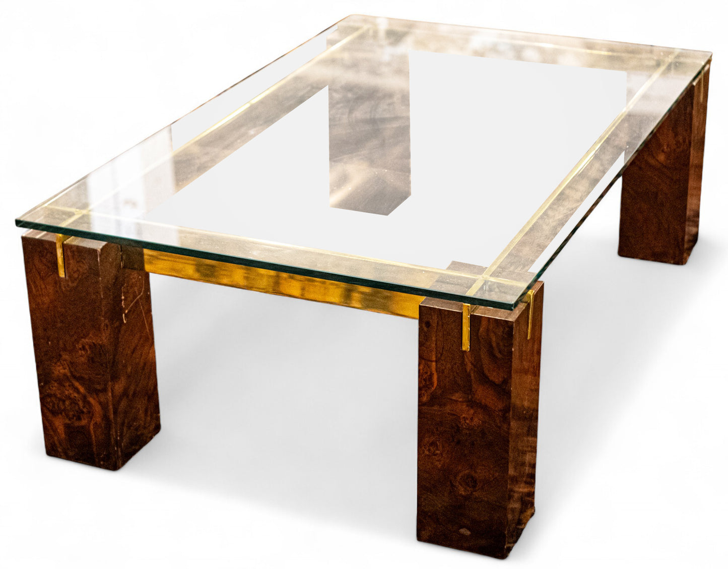 Modern History Burl and Brass Parisian Style Glass Coffee Table