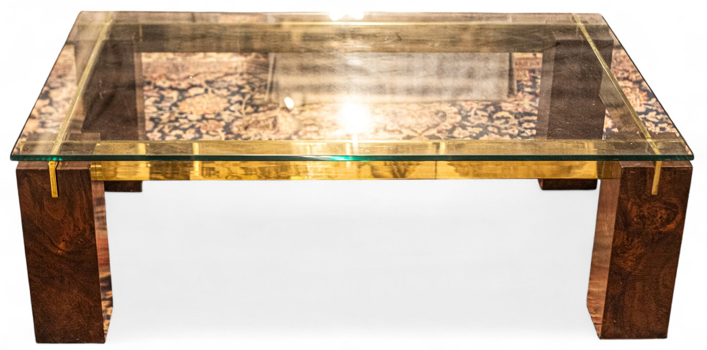 Modern History Burl and Brass Parisian Style Glass Coffee Table