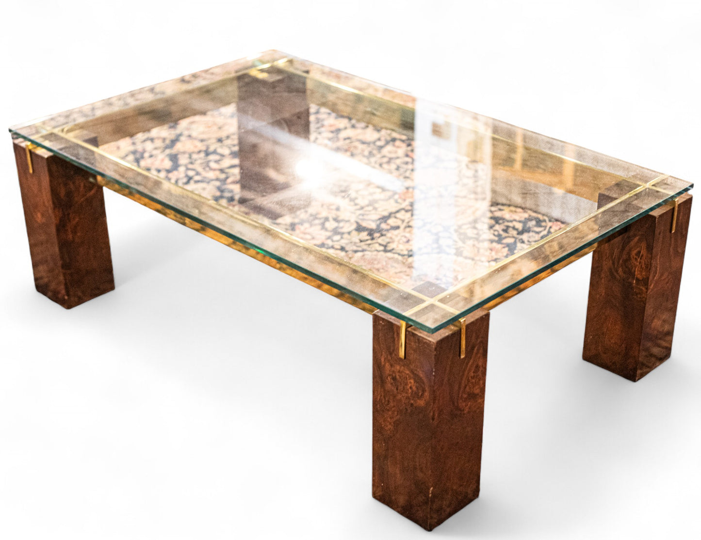 Modern History Burl and Brass Parisian Style Glass Coffee Table