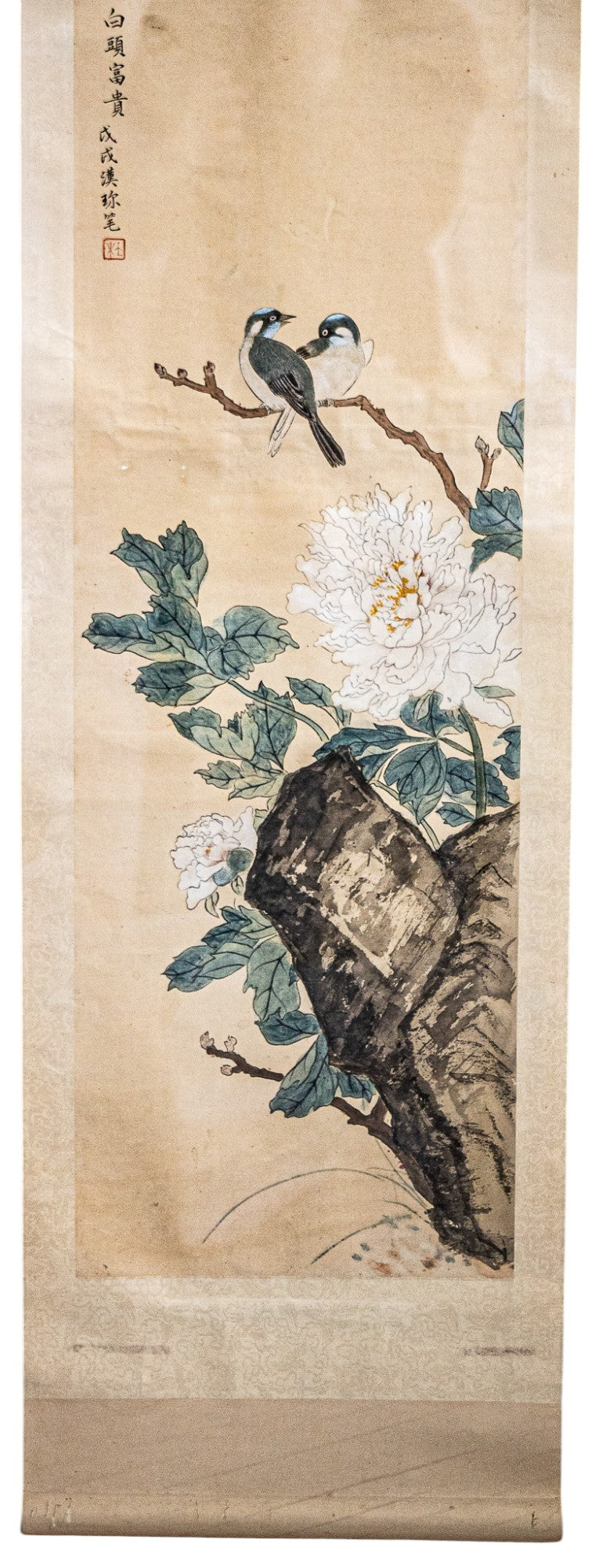 Asian Handpainted Scroll in a Velvet Lined Shadow Box