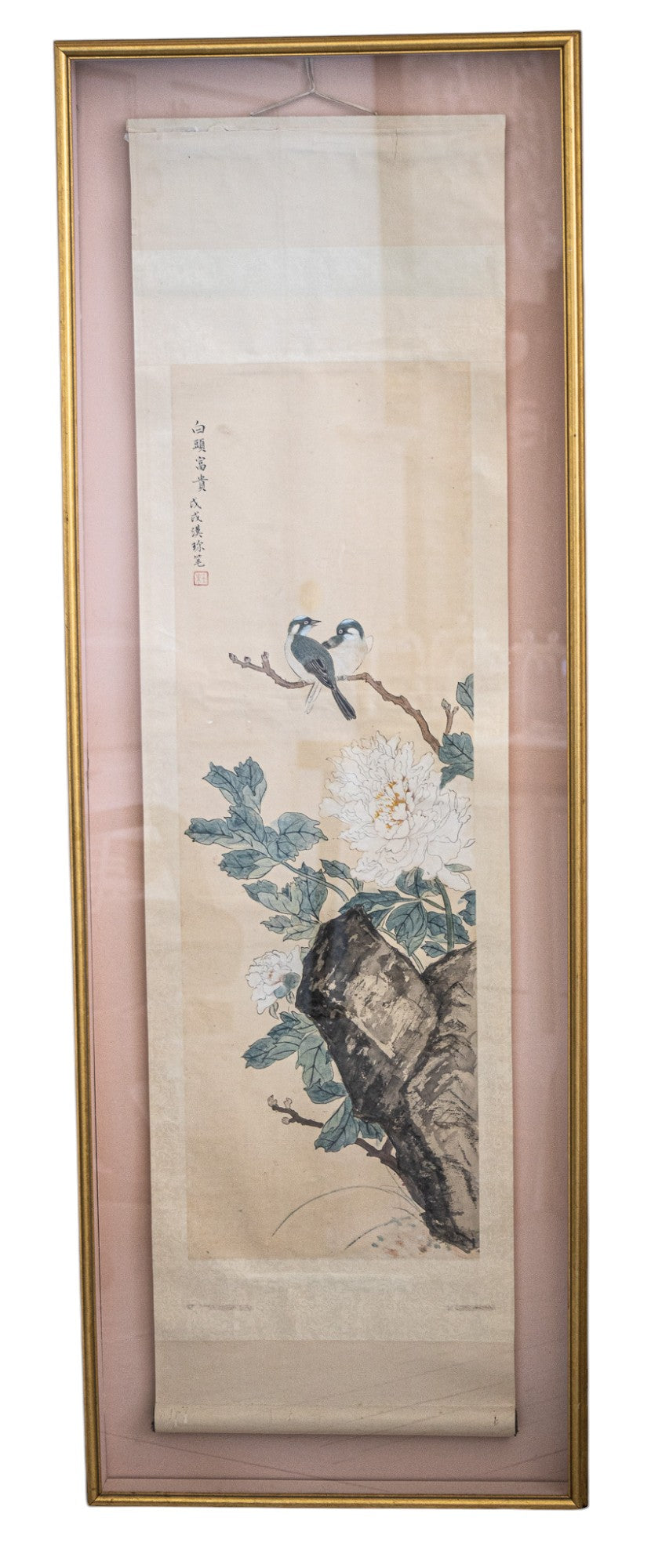Asian Handpainted Scroll in a Velvet Lined Shadow Box